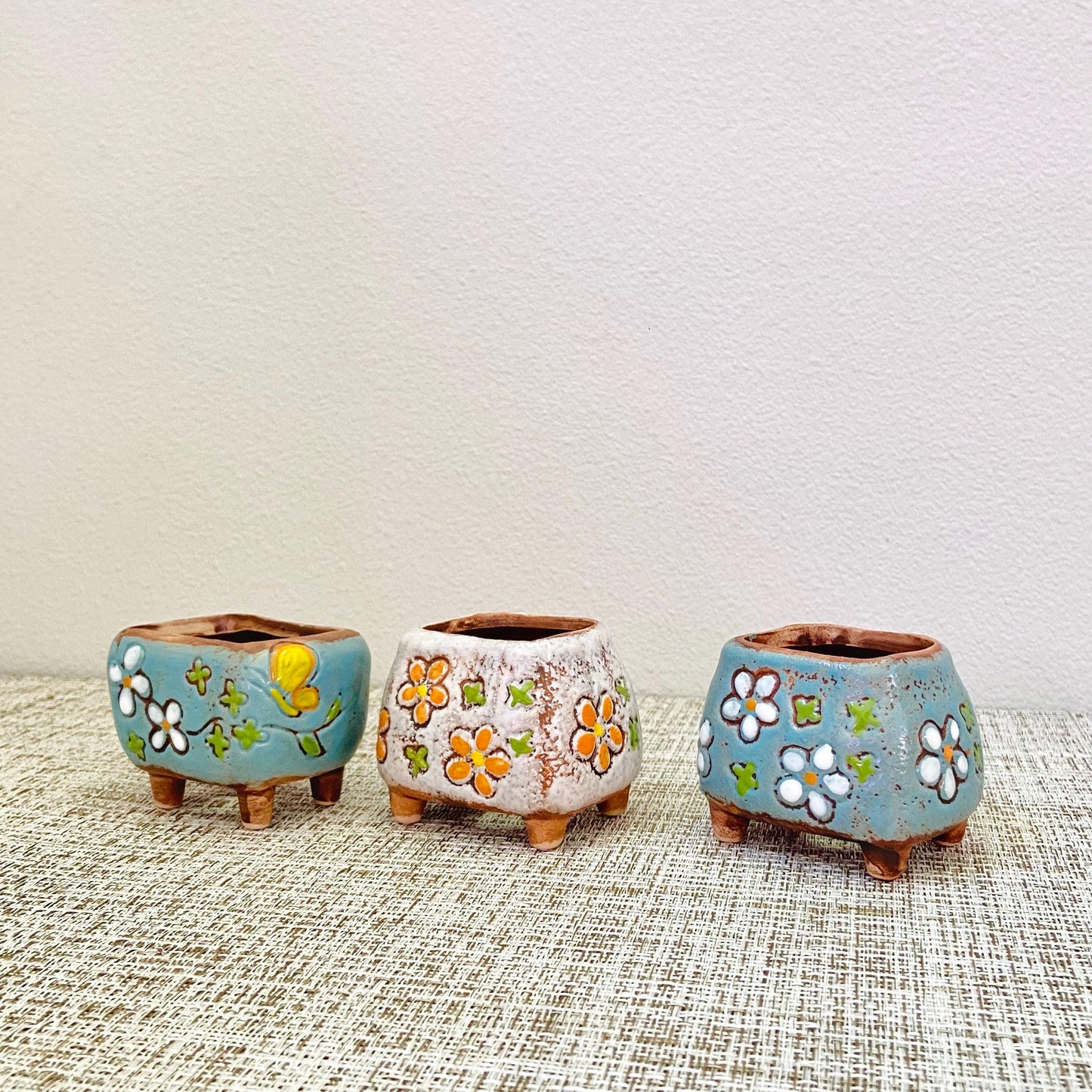 Mini White & Blue Floral Pots, Set of 3