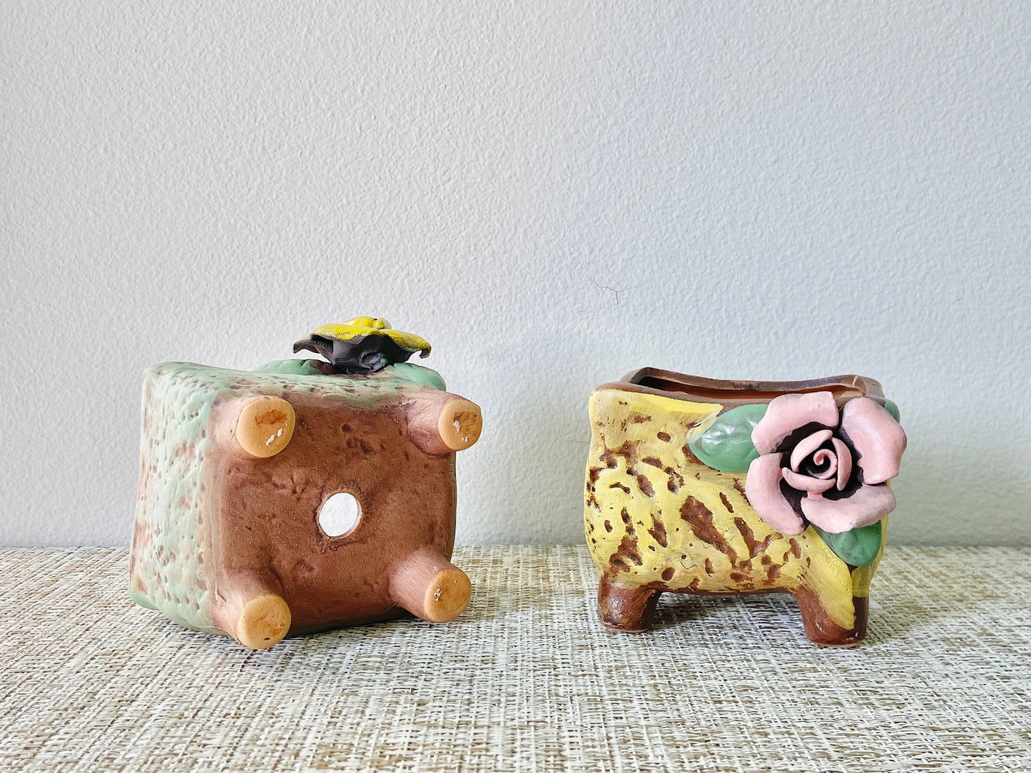 Set of 2 Succulent Pots | Green and Yellow Pots | Drainage Included