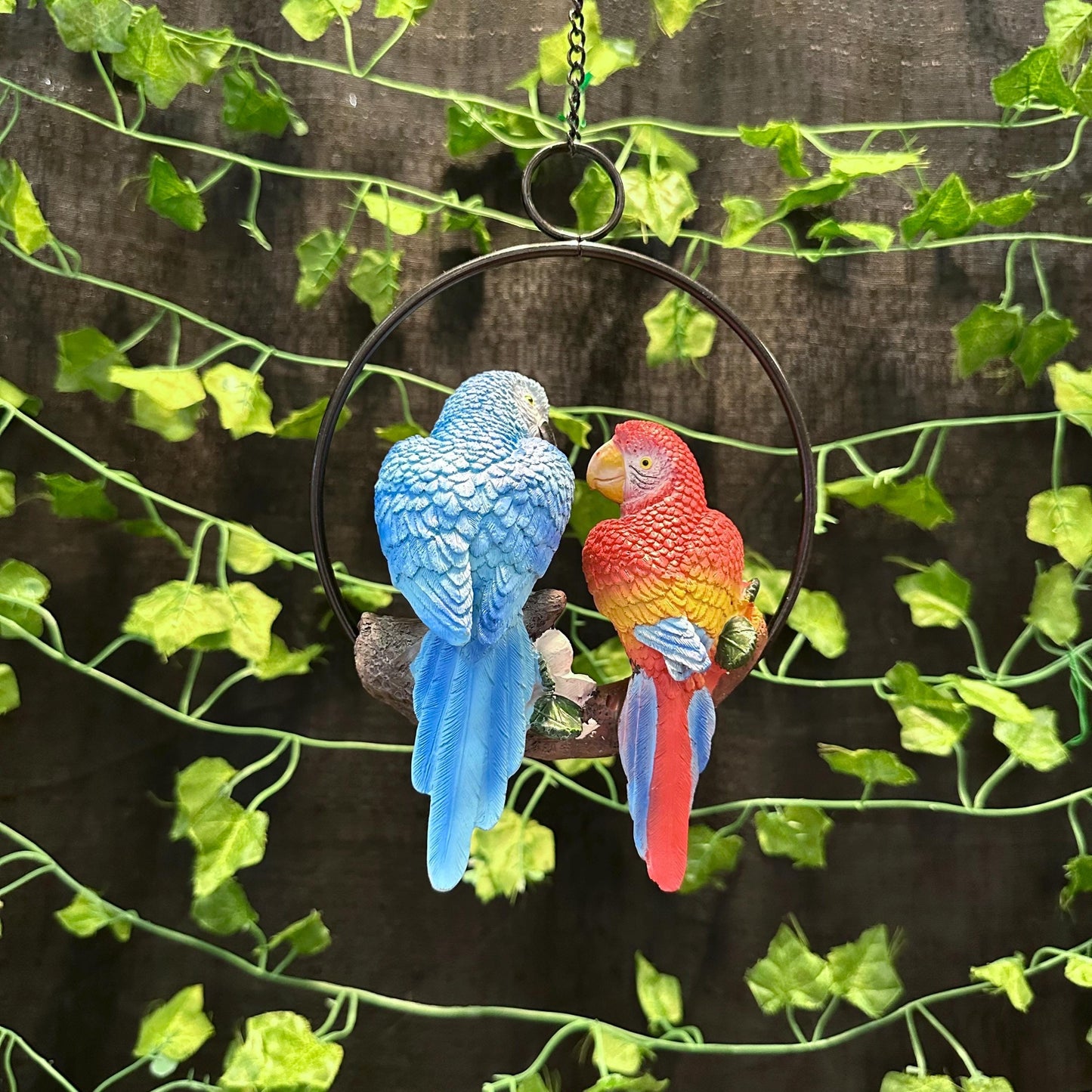 Red Blue Parrot Pair Hanging Resin Decor