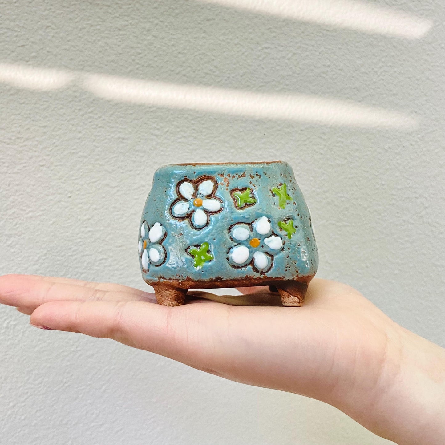 Mini White & Blue Floral Pots, Set of 3