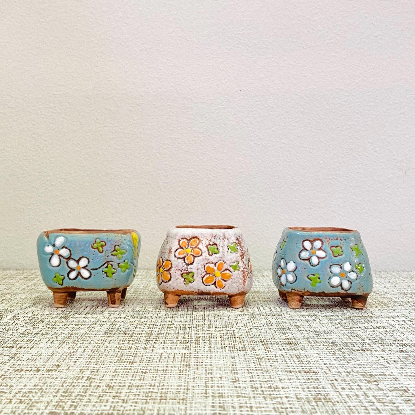 Mini White & Blue Floral Pots, Set of 3
