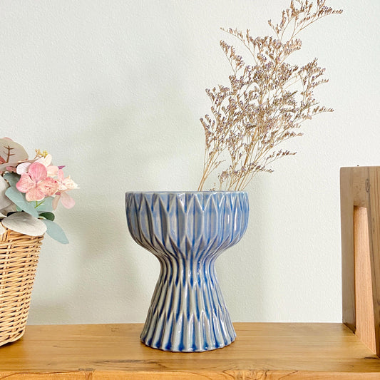 Blue Ribbed Ceramic Planter