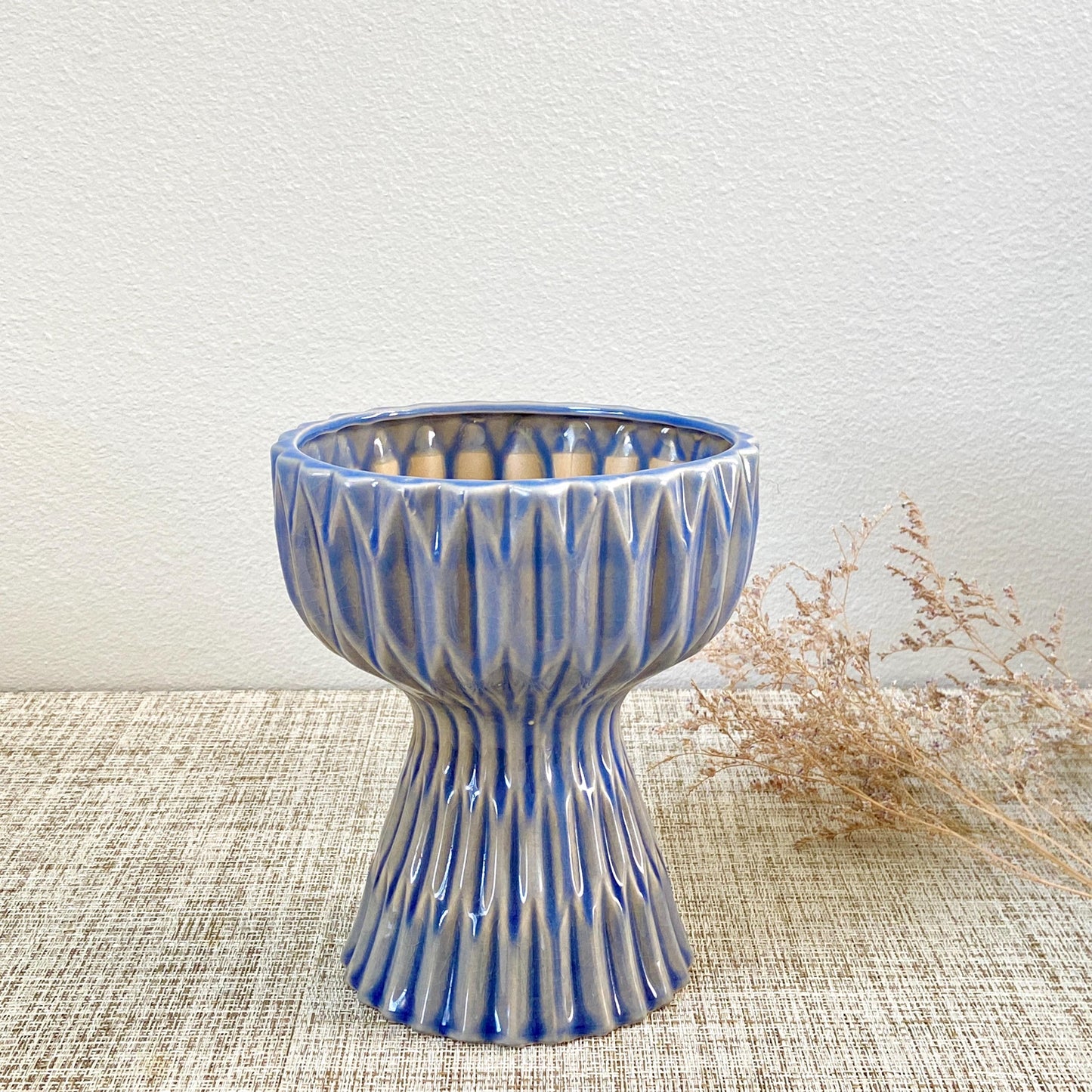 Blue Ribbed Ceramic Planter